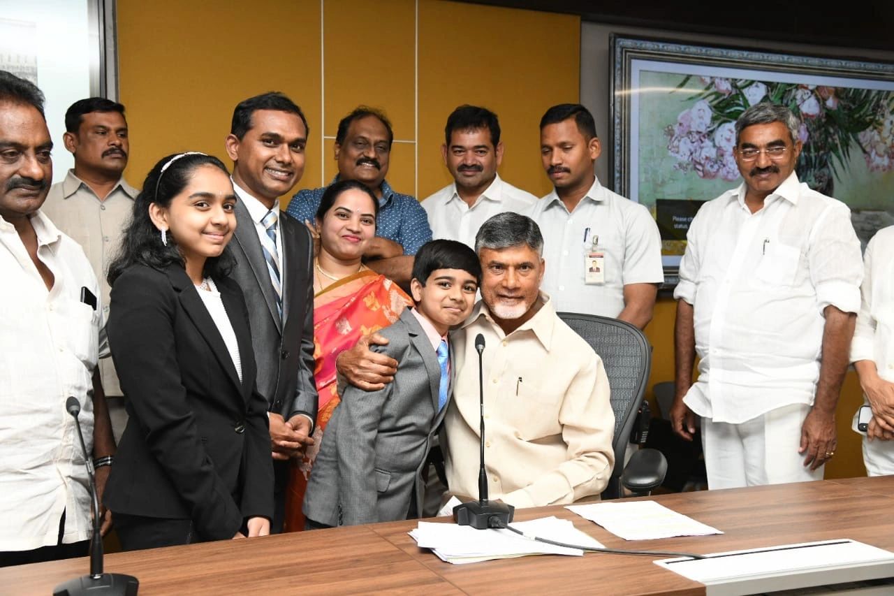 Akash Vukoti with Chief Minister Chandrababu Naidu
